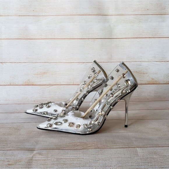 Good American Jeweled Emma Gem Pointy Toe Translucent Stiletto Heels Pumps - Picture 8 of 16